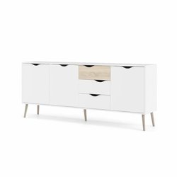 Sideboard - Weiß / Eiche - 3 Türen / 3 Schubladen - Ausgestellter Mass