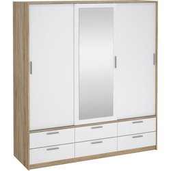 Schlafzimmerschrank - ONTARIO - Weiß glänzend / Eiche - 3 Türen - 6 Sc