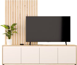 Meuble TV paroi - SKELPE - Sable / Chene - 4 portes - 188,3 x 42 x 169