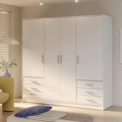 Armoire 4 portes battantes + 6 tiroirs - Bois aggloméré - Blanc mat - 