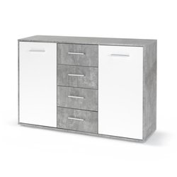 Buffet bas PILVI - 2 portes et 4 tiroirs - Blanc et béton clair - L 12