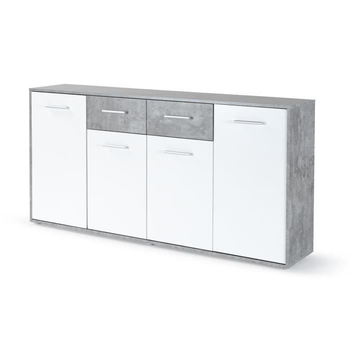 PILVI Low Sideboard 4 Türen 4 Schubladen - Weißer und hellgrauer Beton