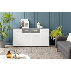 PILVI Low Sideboard 4 Türen 4 Schubladen - Weißer und hellgrauer Beton