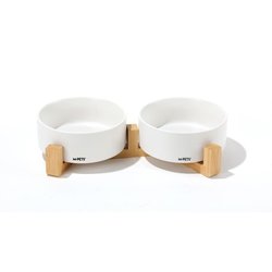 Ceramic bowls with bamboo stand 2x350 ml - Mpets - OPERA - White