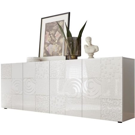 Sideboard - MIRONA - 4 Türen - Weißer Hochglanzlack mit Siebdruck - 24