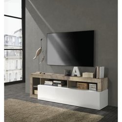 Meuble TV 1 porte - Finition Blanc Laqué et Effet Bois Vintage - L 184