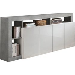 Buffet MAESTRO - Décor béton et blanc laqué brillant - 4 portes - L 18