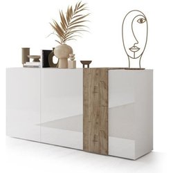 VENEZIA 3-türiges Sideboard  Hochglanzlackiertes Weiß und Cadiz-Eiche
