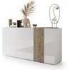 Buffet 3 Portes VENEZIA - Blanc laqué brillant et chene Cadiz - L 181 
