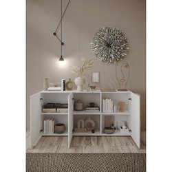 Buffet 3 Portes VENEZIA - Blanc laqué brillant et chene Cadiz - L 181 