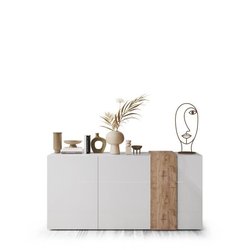 Buffet 3 Portes VENEZIA - Blanc laqué brillant et chene Cadiz - L 181 
