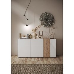 Buffet 3 Portes VENEZIA - Blanc laqué brillant et chene Cadiz - L 181 