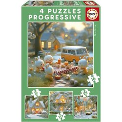 Puzzles progressifs - EDUCA - La Ville des Lapins - 4 puzzles - 12 a 2
