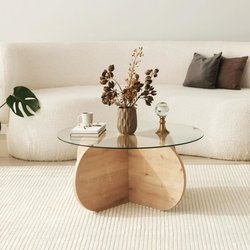 Glazen salontafel - BUBBLE - Rond - Saffier Eiken - 75 x 75 x 35 cm