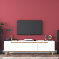 Meuble TV - D1 - Blanc / Noyer - Rangement supplémentaire - 180 x 49 x