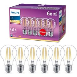 Philips, pack of 6 E27 transparent LED bulbs 60W, warm white