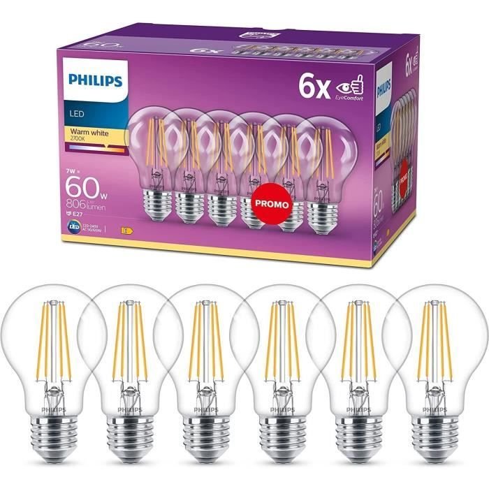 Philips, paquete de 6 Bulb E27 LED transparente de 60W, White White