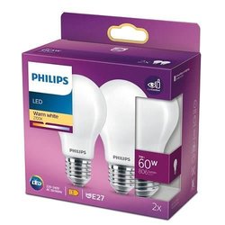 Philips LED-Lampe Equivalent60W E27 Warmweiß, nicht dimmbar, Glas, 2er