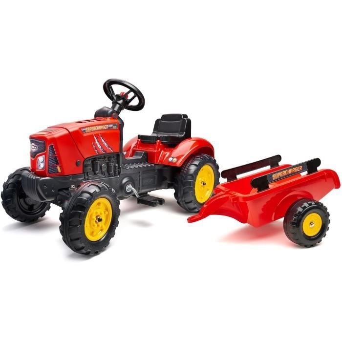 FALK - Rode Supercharger traptractor met te openen motorkap en aanhang