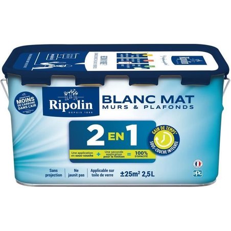 Pintura 2 en 1 para paredes y techos - Blanco mate - RIPOLIN - 2,5 L