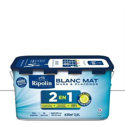 Pintura 2 en 1 para paredes y techos - Blanco mate - RIPOLIN - 2,5 L