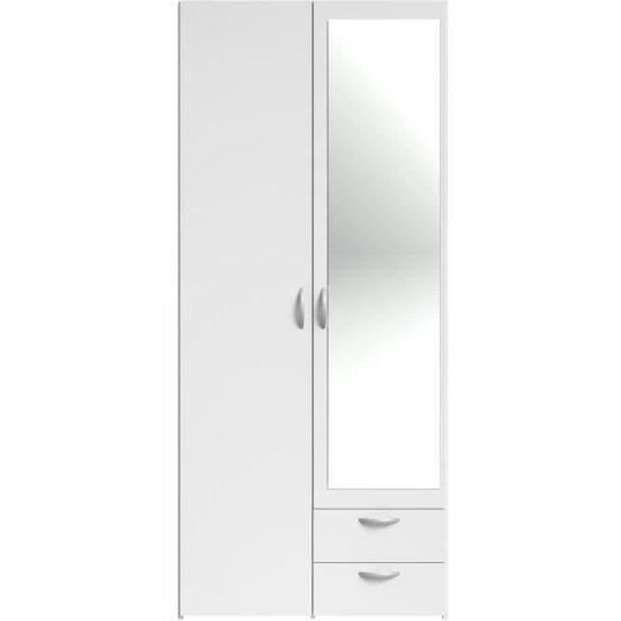 Armoire VARIA - Décor blanc - 2 portes battantes + 1 miroir + 2 tiroir
