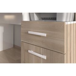 Silberner Schreibtisch mit LED  Eichendekor und glänzend weißes Melam