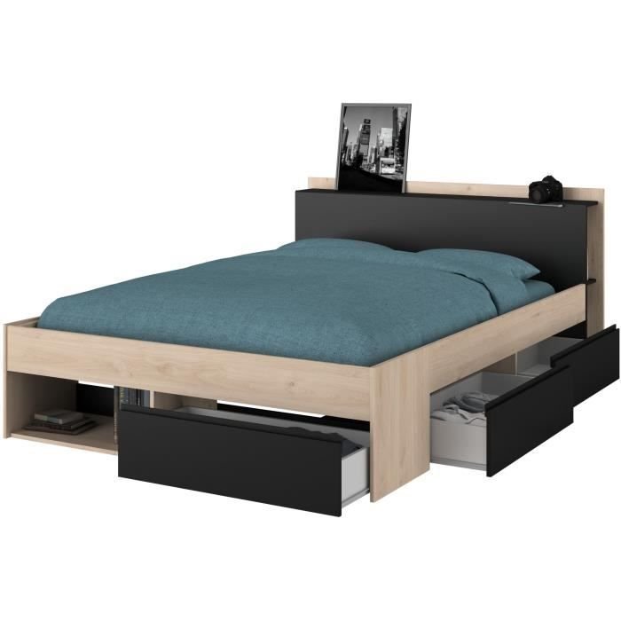 Erwachsener Bett, 140x190/200 cm - Eiche und Schwarz - 3 Schubladen - 