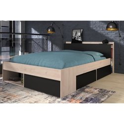 Erwachsener Bett, 140x190/200 cm - Eiche und Schwarz - 3 Schubladen - 