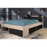 Erwachsener Bett, 140x190/200 cm - Eiche und Schwarz - 3 Schubladen - 