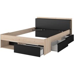 Erwachsener Bett, 140x190/200 cm - Eiche und Schwarz - 3 Schubladen - 