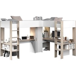 Lit double mezzanine combiné enfant ALEXANDRA avec 2 bureaux et rangem