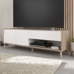 TV-Schrank - MORPHOS - Weiß / Eichendekor - 150 x 47,3 x 40 cm - PARIS