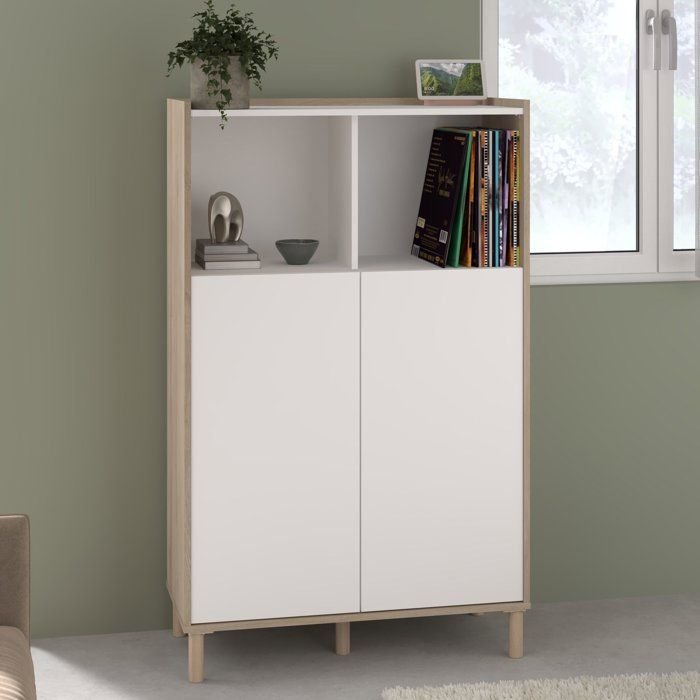 Hohes Sideboard - MORPHOS - Weiß / Eichendekor - 2 Türen - PARISOT