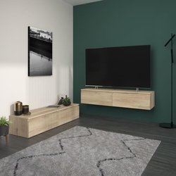 Meuble TV 2 tiroirs a suspendre ou a poser - LEVIATHAN - Décor Chene -