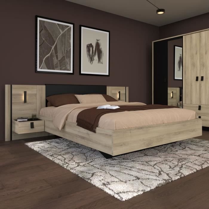 Bett mit 2 Nachttischen - KIERAN - 160 x 200 cm - Eiche / Schwarz - PA