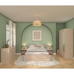 Komplettes Schlafzimmer - VARIA - Eiche - 140 cm Bett, 2 Nachttische, 