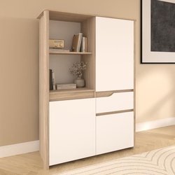 Hohes Sideboard - BETTY - Weiß / Eiche - 3 Türen - 1 Schublade - PARIS