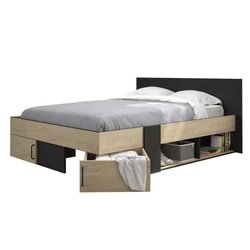 DIAGONE Lit adulte avec tiroirs de rangement  - Chataignier et noir - 