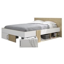 DIAGONE Lit  adulte avec tiroirs de rangement  - Chene et blanc - 140 