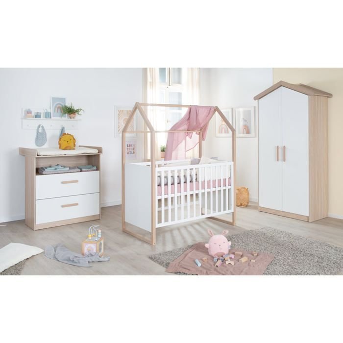 Komplettes Babyzimmer-Set: Babybett (60 x 120 cm) + Wickeltisch + Klei