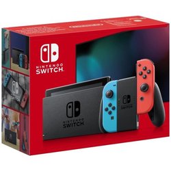 Nintendo Switch-Konsole mit einer neonroten Joy-Con und einer neonblau