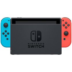 Nintendo Switch console with a neon red joy-con and a neon blue joy-co