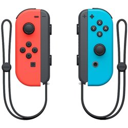 Nintendo Switch console with a neon red joy-con and a neon blue joy-co