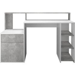 Bureau avec réhausse et rangements BOLTON - Mélamine blanc/gris béton 