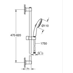 Shower set with 2 jets shower head, 60cm bar and 1.75m flexible hose -
