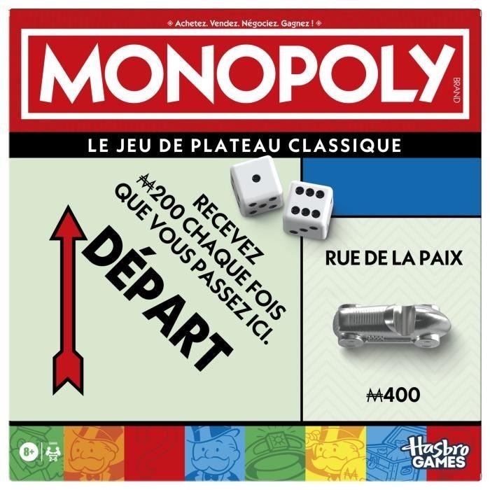 Klassiek Monopoly, bordspel, met opbergdoos en grote pionnen, 2 tot 6 
